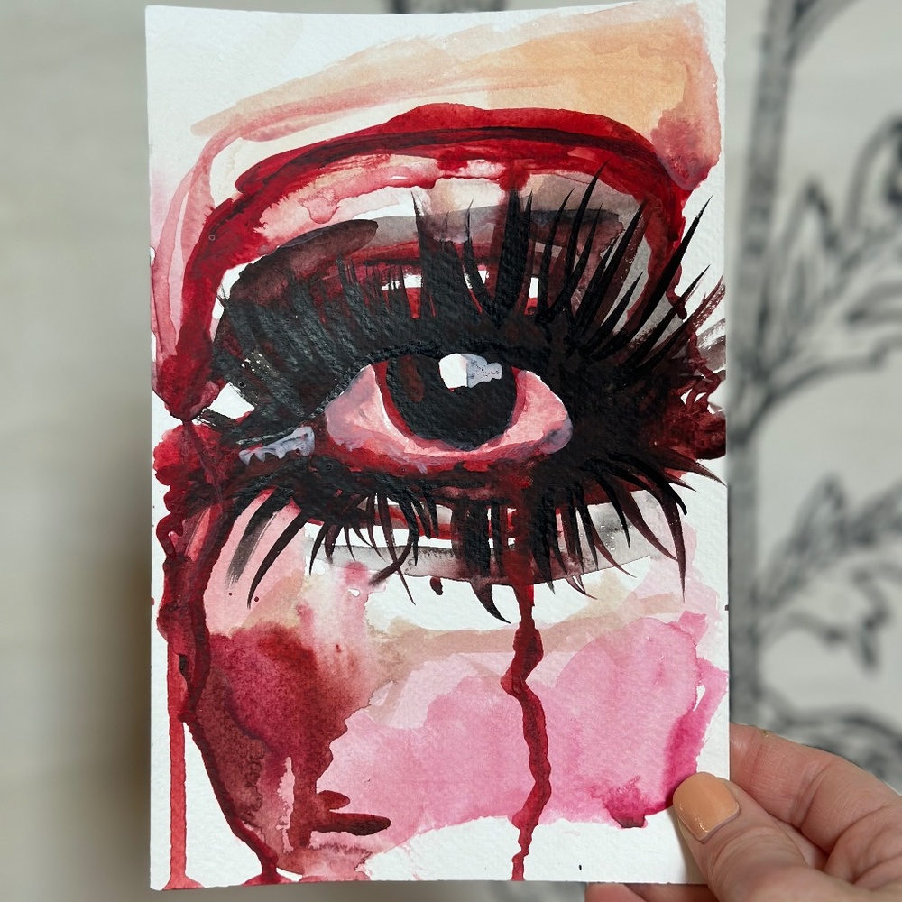 Original Watercolor On Canvas Paper, "Seeing Eye", Red & Pink, 6" X 9"